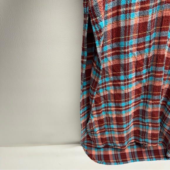 Pilcro LongLine Plaid Button Down Anthropologie Terracotta Turquoise festival  S - Picture 7 of 12